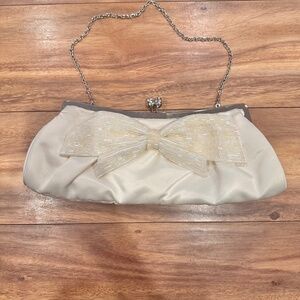 Elegant Ivory Satin Bow Clutch by PinkStix with Beaded Detail